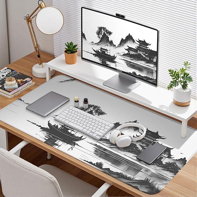Chinoiserie Mouse Pad Black White Large Ink Painting Desk Mat Landscape XXL Large Gaming Mouse Mat for Office,Computer,Keyboard,Laptop and Home Desk Mat 31.5 X 15.7inch