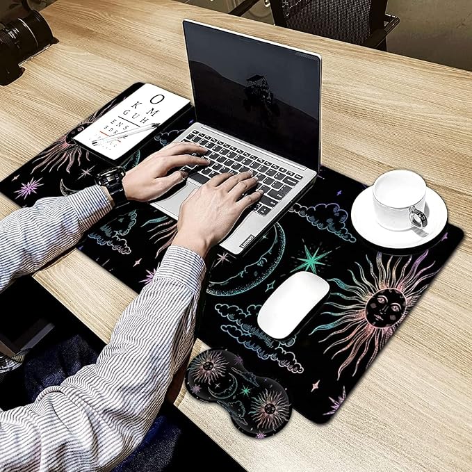 Large Gaming Mouse Pad, 31.5x11.8 in Extended Computer Mouse Mat with Non-Slip PU Base, Ergonomic Memory Foam Keyboard Wrist Rest, for Work & Gaming, Cute Sun Moon Black Office Desk Pad