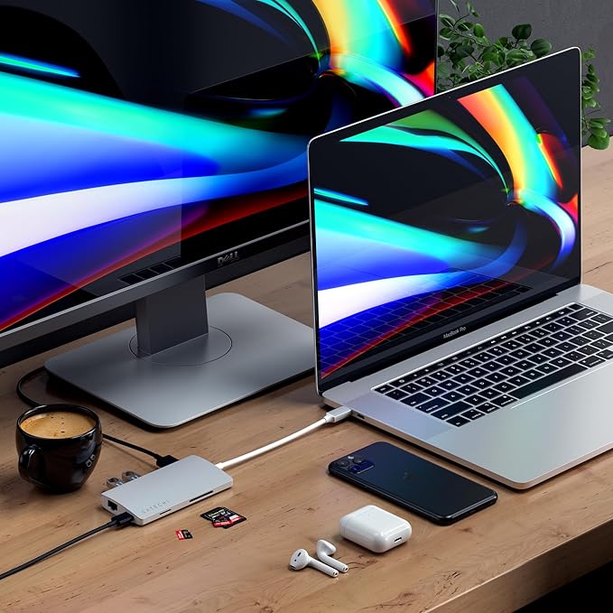 Satechi 8 in 1 USB C Hub Multiport Adapter V2, 4K HDMI, 115W USB C PD Charging, 3 USB-A, Ethernet, Micro/SD Card Readers, for Laptop, MacBook Air/Pro/Neo, iPad Air/Pro, Windows - Silver