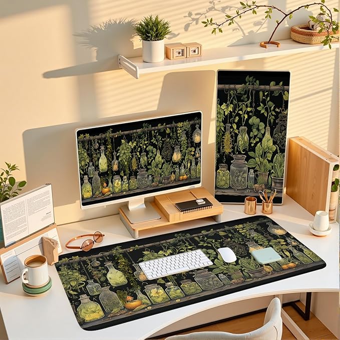 Witchy Botanical Green Plants Desk Mat Mouse Pad Large Gaming Mouse Pad Mystical Dark Cottagecore Mousepad Computer Laptop Keyboard and Mouse Mat, Desktop Protector Mat