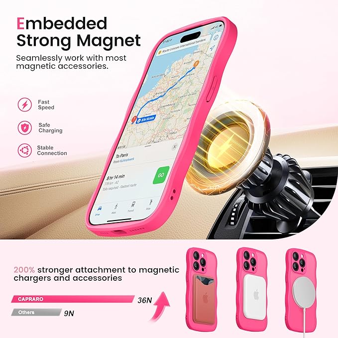 CAPRARO for iPhone 13 Pro Case with 360° Spin Magnetic Stand for Women, [Compatible with MagSafe] [Full Camera Protection] Cute Wave Translucent Matte Case for iPhone 13 Pro, Hot Pink