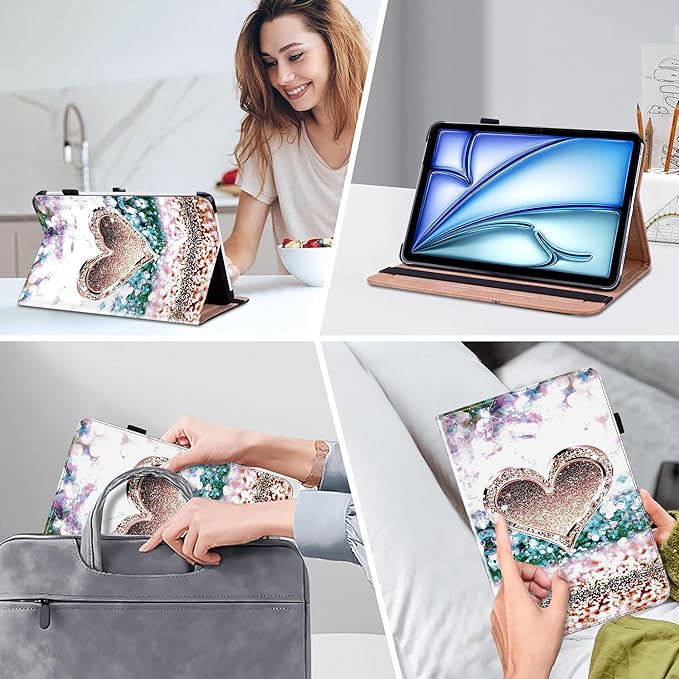 Case for iPad Air 13 inch M4 2026/M3 2025/M2 2024 with Pencil Holder & Card Slots & Auto Sleep, Embossed PU Leather Stand Magnetic Shockproof Cover Case for iPad Air 13 - Diamond Peach