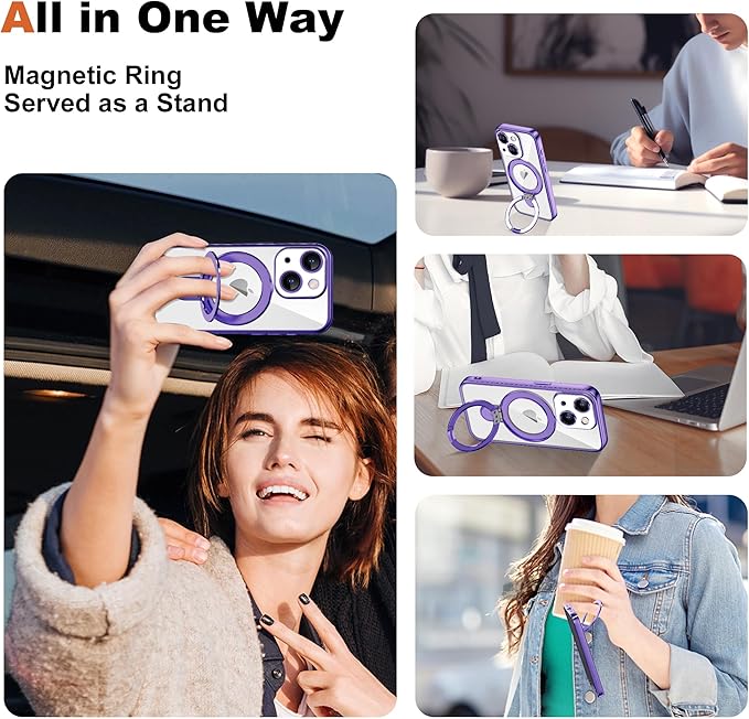 Compatible with iPhone 15 Plus Case with Invisible Magnetic Ring Stand [Compatible with Mag-Safe] [Full Camera Lens Protector] Plating Clear Phone Case for iPhone 15 Plus 6.7", Purple