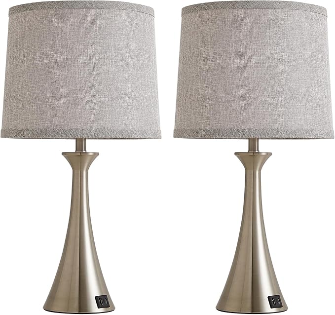 Touch Lamp for Living Room Bedroom, 21" Table Lamps Set of 2 with USB C+A Ports and Grey Lamp Shades, Touch Bedside Lamps for Nightstand with 3 Way Dimmable, 2 LED Bulbs Included, Silver
