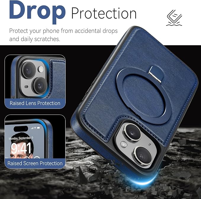 for iPhone 15 Plus Case with Stand, Compatible with MagSafe, Slim PU Leather & Durable TPU Protective Magnetic Kickstand Cover Drop-Proof with Tempered Glass Screen Protector 6.7", Blue