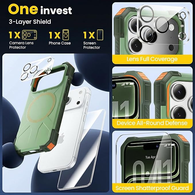 3 in 1 for iPhone 17 Pro Max Case,[1 Screen Protector & 1 Camera Lens Protector ],7X Military-Grade Drop Protection ,Fits MagSafe ,Tough, Rugged & Durable for Heavy Duty iPhone 17 Pro Max Case, Green