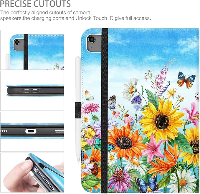 Case for iPad Air 13-inch M4/M3/M2, iPad Pro 12.9 6th/5th/4th/3rd Generation Case with Pencil Holder Multi-Angle Adjustable Stand Shockproof Pocket/Hand Strap/Auto Wake Sleep Sunflowers Butterfly