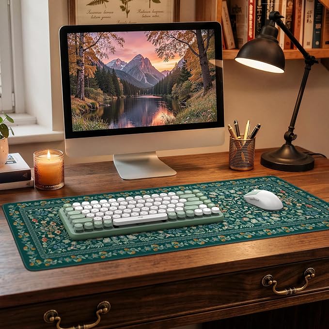 iCasso Aesthetic Floral Desk Mat, L Mouse Pads, Anti-Slip Retro Mousepad with Stitched Edges, Waterproof Computer Pad 11.8"x31.5", Desk Accessories Office Decor for Women(Deep Green)