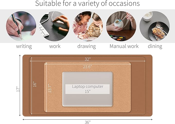 RENMTURE Dual-Sided Desk Pad, Natural Cork & PU Leather Large Mouse mats for Office and Home Work, Desk Protector Non-Slip, Waterproof, Easy Clean (Brown, 36"x17")