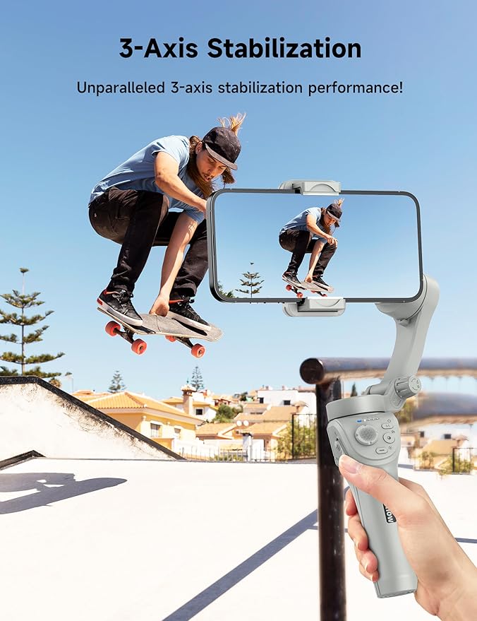Gimbal Stabilizer for Smartphones, 3-Axis Phone Gimbal, Intelligent Gimbals with Face/Object Tracking, Portable and Foldable, Vlogging Stabilizer for Android and iPhone 15 14 13 12, YouTube TikTok