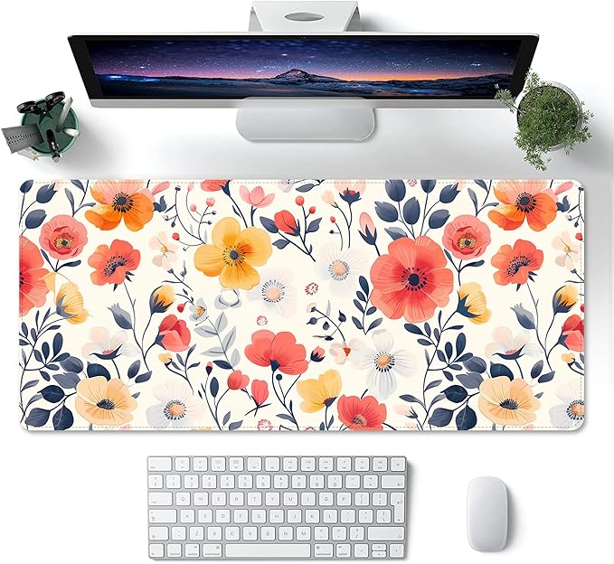 ProbTis Cute Flower Mouse Pad, Large Floral Desk Mat, XXL Gaming Keyboard Mat, Stitched Edges Rubber Base, Big Extended Desk Protector for Home Office, 35.4”x15.7” (Village Road Flower)
