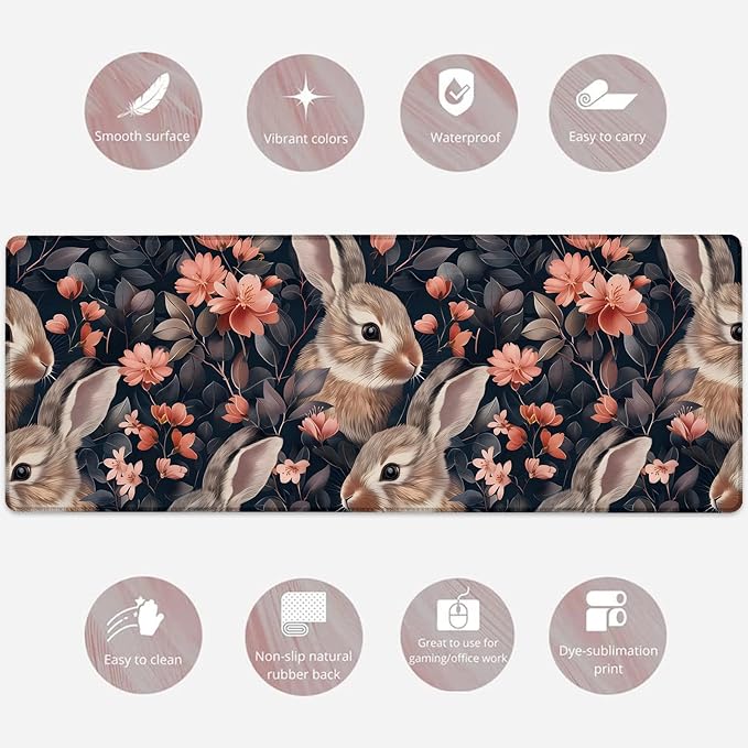 Graceful Bunny Gaming Mouse Pad, Large Cute Rabbit and Floral Desk Mat for Laptop Keyboard Computer, Non-Slip Rubber Base Desktop Extended Mousepad for Office Home Accessories 31.5"×11.8"