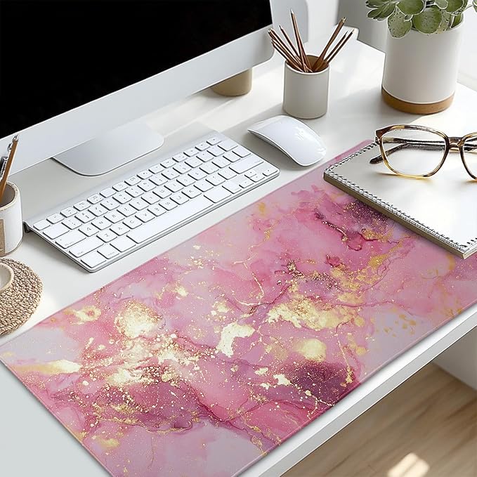Gold Pink Marble Mouse Pad Extended Large 35.4x15.7in Coquette Kawaii Desk Mat Preppy Trendy Computer Mousepad XL Non-Slip Rubber Base Stitched Edge Rose Gold Mousepad PC Desk Pad for Work Desktop