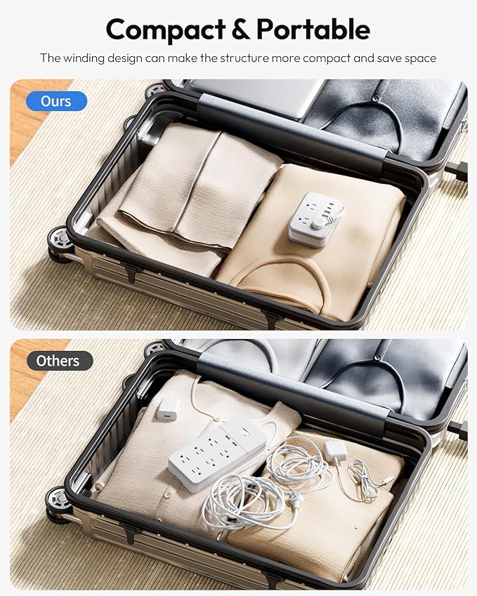 NTONPOWER 10 in 1 Travel Power Strip, 6 Outlets 4 USB Ports(2 USB C), 4ft Extension Cord Wrapped Around Small Power Strip, Compact for Travel, Hotel, Cruise Approved, White