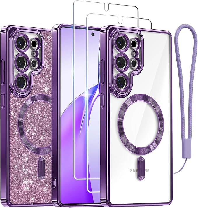 Meifigno Case Designed for Samsung Galaxy S25 Ultra 6.9 inch, [Compatible with MagSafe] [2X HD Screen Protectors] [Glitter Card & Wrist Strap] Full Lens Protection Case for Galaxy S25 Ultra, Purple