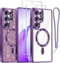Meifigno Case Designed for Samsung Galaxy S25 Ultra 6.9 inch, [Compatible with MagSafe] [2X HD Screen Protectors] [Glitter Card & Wrist Strap] Full Lens Protection Case for Galaxy S25 Ultra, Purple