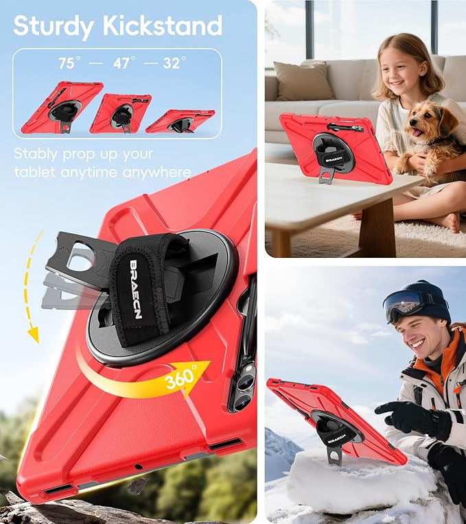 BRAECN for Samsung Galaxy Tab S10 Plus Case 2024/S9 Plus/S9 FE+/S8 Plus/S7 Plus /S7 FE 12.4 Inch,Heavy Duty Shockproof Case with S Pen Holder&360 Rotating Hand Strap/Kickstand Shoulder Strap,Red