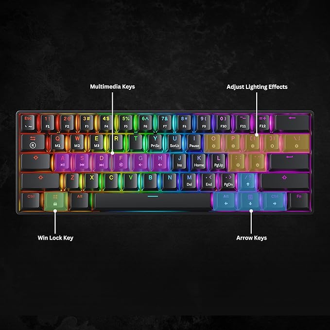 HK GAMING GK61 SE 60% | Mechanical Gaming Keyboard | 61 Keys Multi Color RGB LED Backlit for PC/Mac Gamer | US Layout (Black, Mechanical Speed Silver)
