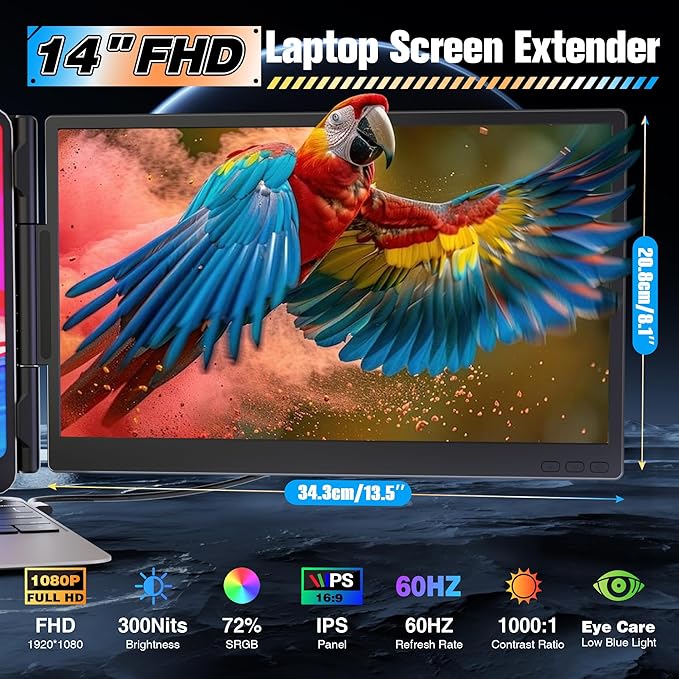 Laptop Screen Extender 14", Ultra Thin 0.27'' FHD 1080P Portable Monitor for Laptop 13-17.3", Plug n Play Extra Monitor Extender, Eye Care Second Screen for MacBook/Windows/Android/Switch/PS5