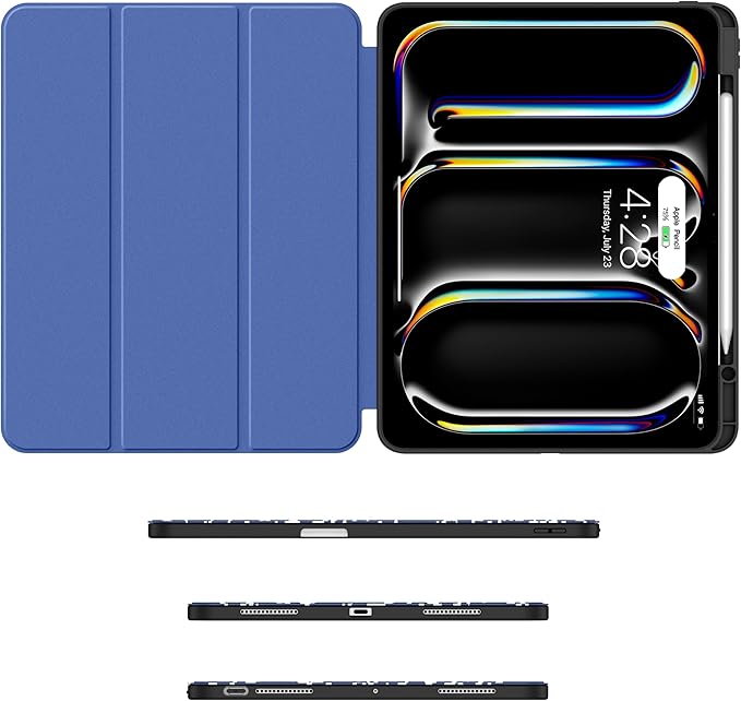 Soke Case for New iPad Pro 13 Inch (M5/M4, 2025/2024 Release), with Pencil Holder Trifold Stand Shockproof [Support Apple Pencil Charging + Auto Wake/Sleep], Soft TPU Back Cover, Book Navy
