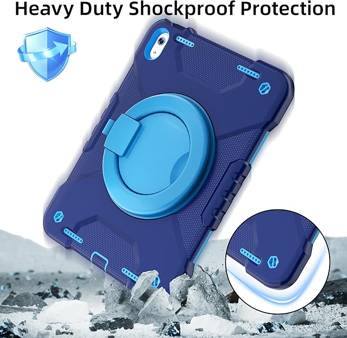 Andnary Case for iPad (A16) 11th Generation 11 inch 2025/10th Generation 10.9 inch 2022, Shockproof Cover with Screen Protector/360° Rotate Handle/Bracket/Pen Holder/Shoulder Strap (Navy+Blue)