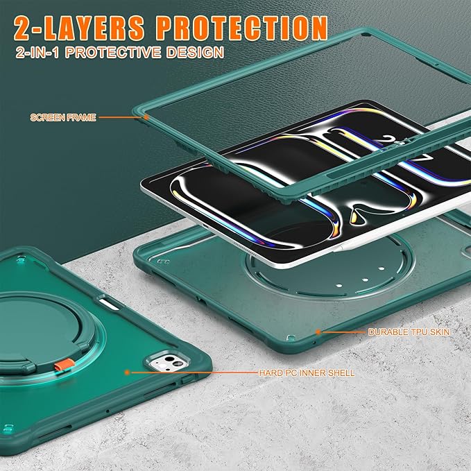 Batianda for iPad Pro 13 inch Case 2025 M5 2024 M4 Chip Lightweight Dual-Layer Protective Tablet Cover, Durable Shock-Absorbing Corners with 360° Rotating Kickstand Ring Built-in Pen Slot, Teal