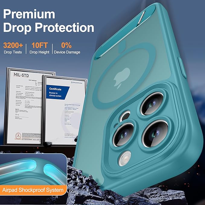 Magnetic Compatible with iPhone 15 Pro Case, [Built-in Kickstand][Full Camera Protection][Compatible with MagSafe][Anti-Fingerprint] Shockproof Phone Case for iPhone 15 Pro 6.1",Lake Blue