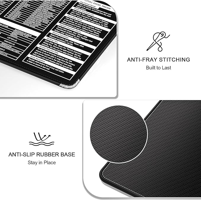 Excel Shortcut Keys Mouse Pad, Large Extended XL XXL Cheat Sheet Gaming Mouse Pad, Office Spreadsheet Desk Mat, Long Big Keyboard Mat, Desk Pad for Desktop, Non-Slip, Stitched, 35.4" x 15.7", Black