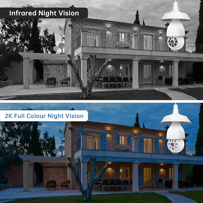 WESECUU Security Light Bulb Camera, 2K Light Bulb Security Camera Outdoor WiFi, 360° PTZ Light Socket Security Camera, Motion Detection Spotlight Siren, 24/7 Continuous Recording 2.4GHz