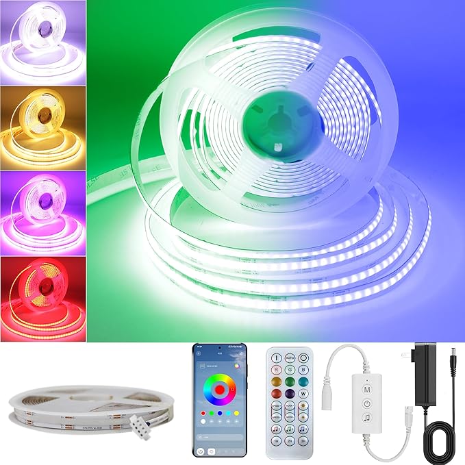 Pandery RGB COB LED Strip Light,DC24V 576leds/m Music Synchronized Color Change APP and Bluetooth Remote Control 9.84FT/3M,Indoor RGB COB Strip Light for Bedroom,Game Room,Bar,Party