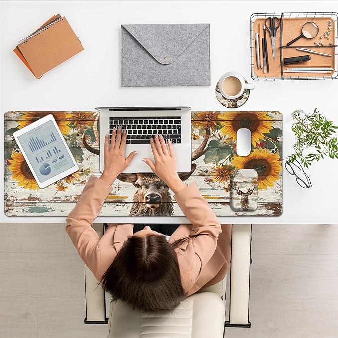 Large Mouse Pad Set, Desk Mat + Elbow Rest Pad + Coaster, Easy Typing Pain Relief, Ergonomic Arm Rest Pad with Memory Foam, Extended Desk Pad Anti-Slip Rubber Base for Office Home, Wood Sunflower Deer