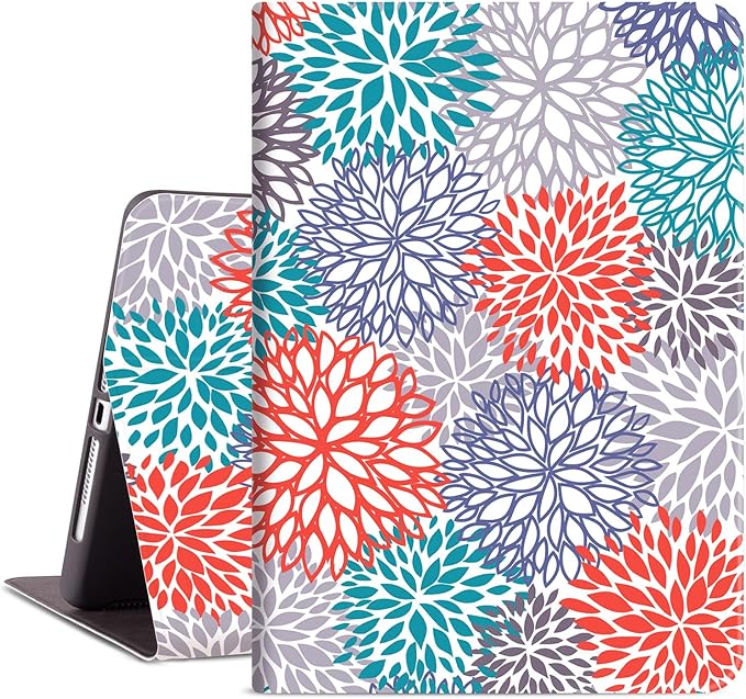 for iPad 6Th/5Th Generation Cases, for iPad Case 6Th/5Th Generation, for iPad Air/Air 2 Case 9.7 Inch Auto Wake/Sleep Multi-Angle Viewing Adjustable Stand, Green Red Flower Art