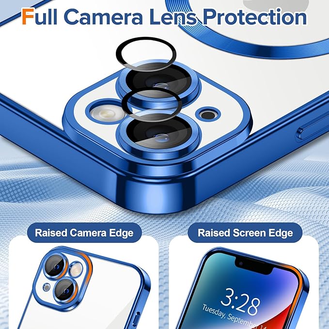 Hython Magnetic Clear for iPhone 14 Case with Camera Lens Protector [Compatible with MagSafe] Luxury Plating Edge Slim Soft TPU Cover Protective Phone Case for iPhone 14 6.1", Deep Blue