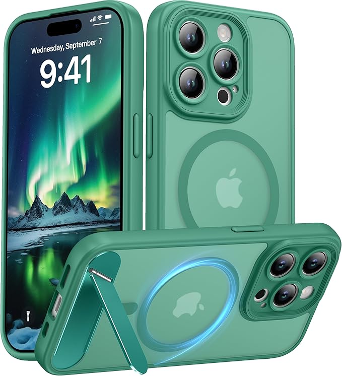 Magnetic Compatible with iPhone 15 Pro Case, [Built-in Kickstand][Full Camera Protection][Compatible with MagSafe][Anti-Fingerprint] Shockproof Phone Case for iPhone 15 Pro 6.1",Cyan