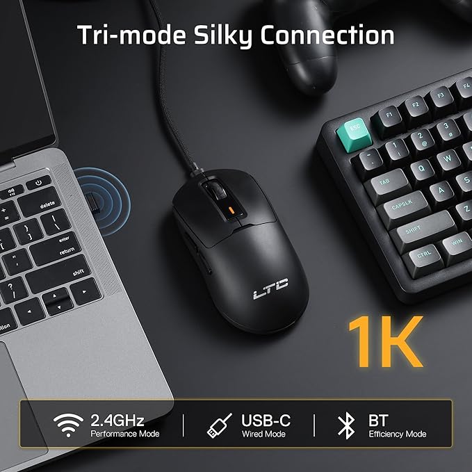 LTC GM024 Tri-Mode Wireless Gaming Mouse, 59g Ultra-Light Ergonomic Gaming Mouse 2.4Ghz/BT/Wired, 6-Level DPI 8000 Max, 1000Hz, 5 Programmable Buttons, Pro Software