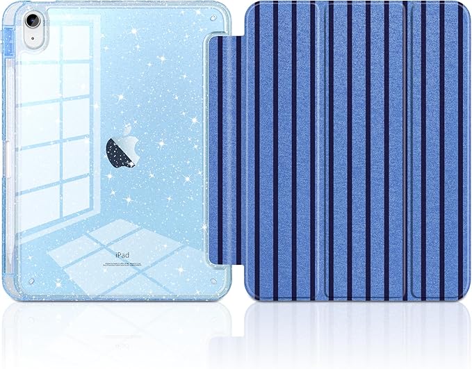 DONGKE for iPad Pro 11 inch Case – Fits M5 2025 / M4 2024, Shockproof Sparkling Glitter Acrylic Back, Pencil Holder, Trifold Stand, Auto Sleep/Wake & Touch ID Support - Dark Blue Stripes
