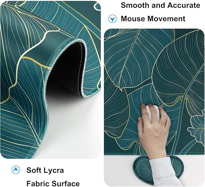 Keyboard Wrist Rest + Mouse Pad with Wrist Support + Desk Mat + Coaster 4 in 1 Set, XXL Large Gaming Mousepad Cute Ergonomic Mouse Pads for Desk Computer Laptop Office Decor-Green Leaves