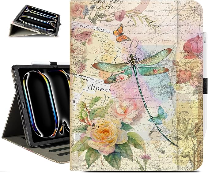 Vimorco for iPad Pro 13 Inch Case, for iPad Air 13 Inch Case, Fit for iPad Pro 12.9 Cases 6th/5th/4th/3rd Generation 5 Stand Angles/Typing Stand/Pencil Holder/Card Pockets, Dragonfly Flower