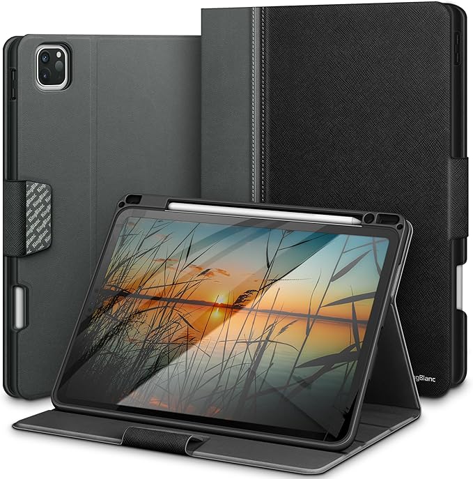 KingBlanc Case for iPad Pro 11 inch 4th/3rd/2nd/1st Generation (2022/2021/2020/2018) with Pencil Holder, PU Leather Protective Stand Folio, Auto Sleep/Wake, Multi-Angles for Viewing/Typing, Black