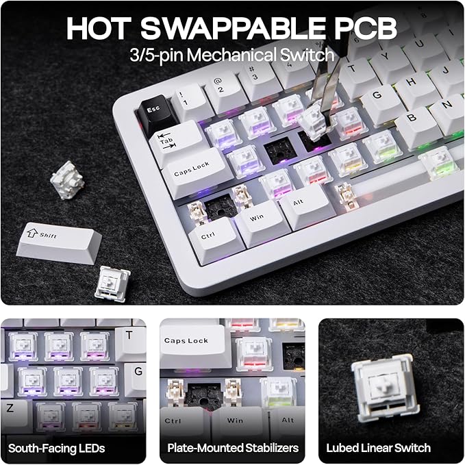 EPOMAKER Galaxy68 QMK/VIA Wireless Mechanical Keyboard, Anodized Aluminum, TOP/Gasket, 6000mAh, RGB Side/Backlight, 65% Gaming Keyboard with Hot-Swap Creamy Switch (White, Marble White Switch)