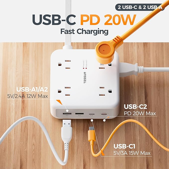 TESSAN Dual Surge Protector Power Strip, 15 Ft Extension Cord Flat Wall Plug with 4 USB (2 USB C) 8 Outlets, 2100J Surge Protection, 20W Multiple Charging Station for Home, Office, Dorm Room, Grey