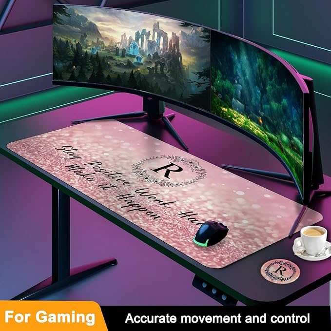 Pink Large Gaming Mouse Pad with Coaster, Desk Mat, Mouse Pad for Computer Keyboard Laptop Office Decor, Stitched Edges Extended Mousepad, 31.5'' x15.6''-Letter R