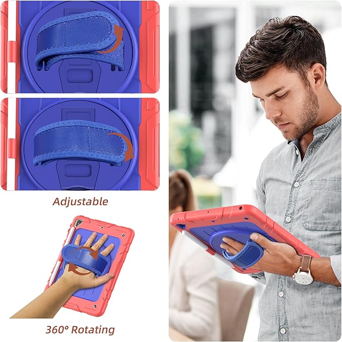 Case for iPad 6th/5th Generation 9.7'' with Screen Protector Pencil Holder [360 Rotating Hand Strap] &Stand, Drop-Proof Case for iPad 6th/5th/ Air 2/ Pro 9.7 (Red&Blue)
