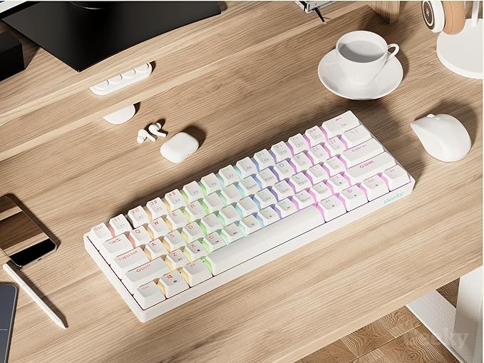Geeky GK61 SE 60% | Mechanical Gaming Keyboard | 61 Keys Multi Color RGB LED Backlit for PC/Mac Gamer | ANSI US American Layout (White, Mechanical Speed Yellow)