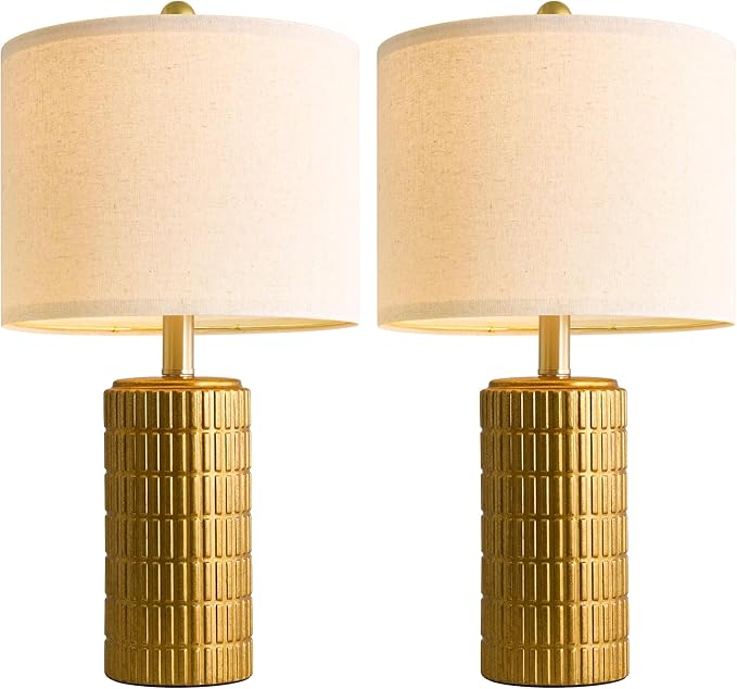 PoKat 20.75" Brass Gold Ceramic Table Lamps Set of 2 for Living Room, Small Retro Bedside Lamps for Bedroom, Nightstand Lamps for Home Decor, Vintage Bronze Decorative Lamp Sideboard Side Table Gifts