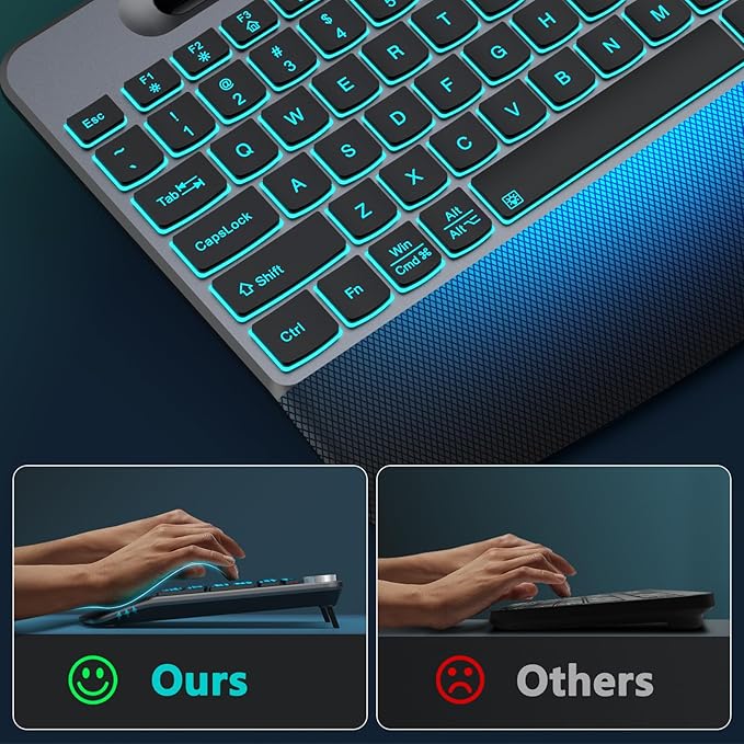 GAMCATZ Ergonomic Backlit Wireless Keyboard with Wrist Rest-Low-Profile,Phone/Tablet Holder,Rechargeable with Light Up Keyboard,Cordless Quiet Computer Keyboard for Desktop,Laptop, PC, Mac-Grey