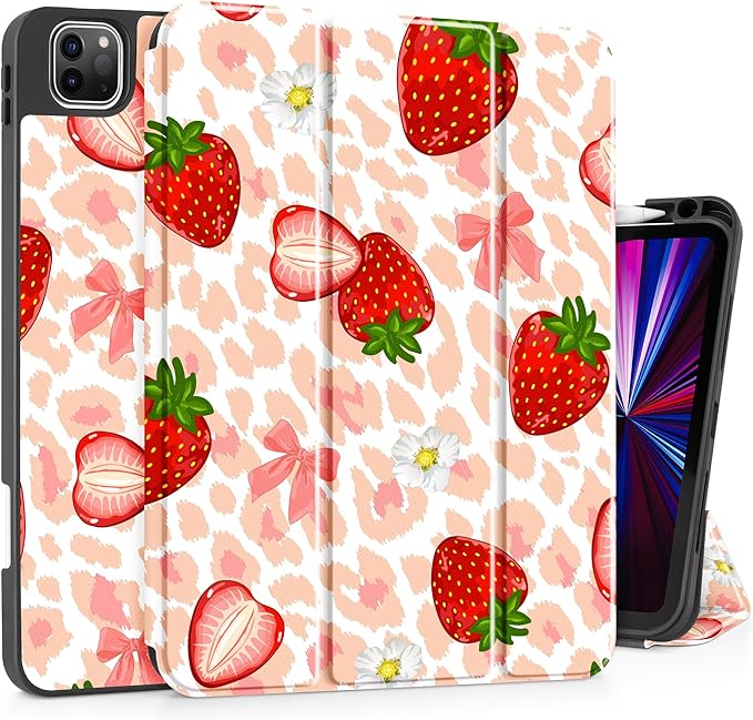 May Chen Case for iPad Pro 11 inch (4th, 3rd, 2nd & 1st Gen) 2022 2021 2020 2018,Trifold Stand with Auto Wake/Sleep Soft TPU Protective Stand Back Cover, Leopard Print Strawberry
