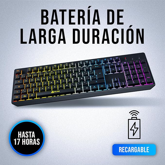 KLIM Chroma Wireless Spanish (España) Keyboard, RGB Backlit Wireless Keyboard, Rechargeable Battery, Quiet, Water-Resistant, Plug & Play for PC, Mac, PS4/PS5