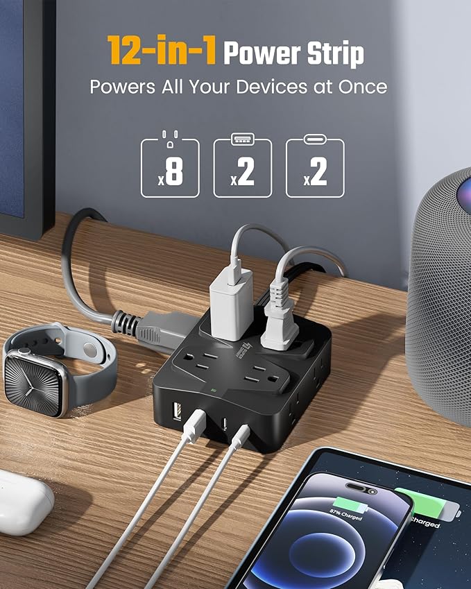 35W Fast Charging Power Strip, SUPERDANNY 6ft Flat Plug Extension Cord (13A/1625W) with 8 Wide Outlets & 4 USB Ports, Wall Mountable, 1050J Surge Protector Charging Station for Home Office Dorm