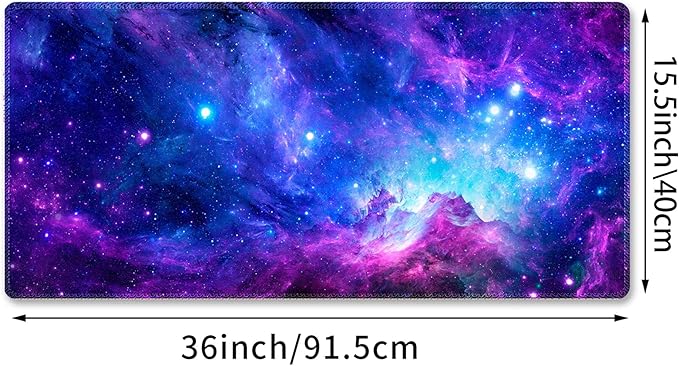 Meffort Inc Extra Large Extended Gaming Desk Mat Non-Slip Rubber Pads Stitched Edges Mouse Pad 35.4 x 15.7 inch - Galaxy Clouds